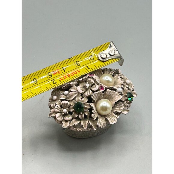 Vintage Florenza Small Enameled Trinket Box Basket of Flowers Rhinestones Pearls - Picture 12 of 14